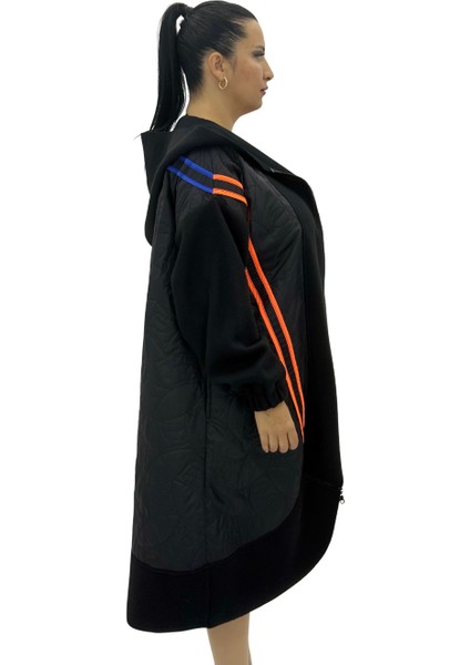 Büyük Beden Şeritli Fermuarlı Kapüşonlu Oversize Kadın Kaban fırsatları