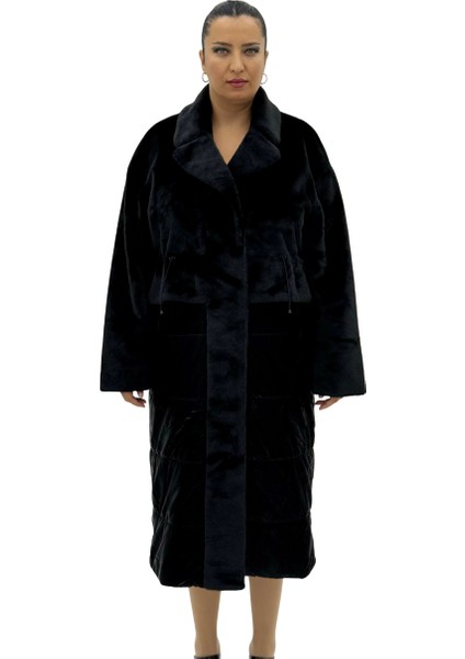 Büyük Beden Kürklü Düğmeli Şişme Uzun Oversize Kadın Kaban