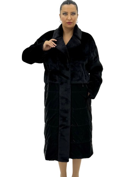 Büyük Beden Kürklü Düğmeli Şişme Uzun Oversize Kadın Kaban fiyatları