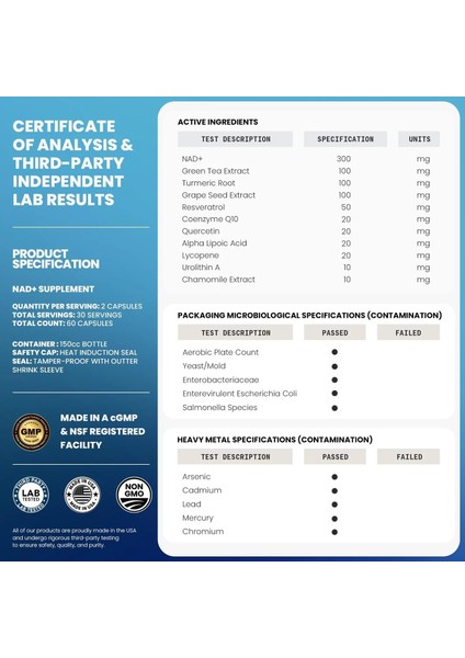 Nad+ Advanced + Resveratrol Complex Urolithin A, COQ10, Quercetin 60 Kapsül fiyatları