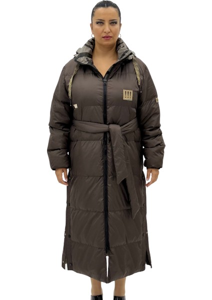 Büyük Beden Kemerli Kapüşonlu Fermuarlı Oversize Uzun Şişme Kadın Kaban fiyatları