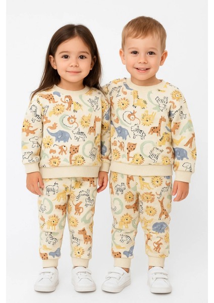Unisex Baskılı Çocuk Mevsimlik Pamuklu Sweatshirt Takım