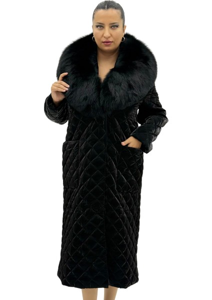 Büyük Beden Gerçek Kürk Yaka Kemerli Kapitone Uzun Kol Oversize Kadın Kaban fiyatları