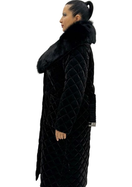 Büyük Beden Gerçek Kürk Yaka Kemerli Kapitone Uzun Kol Oversize Kadın Kaban modelleri