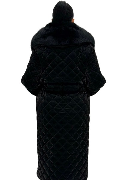 Büyük Beden Gerçek Kürk Yaka Kemerli Kapitone Uzun Kol Oversize Kadın Kaban fırsatları