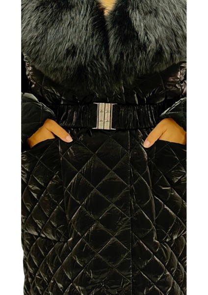 Büyük Beden Gerçek Kürk Yaka Kemerli Kapitone Uzun Kol Oversize Kadın Kaban indirimleri