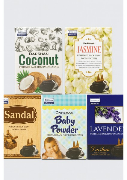 Ters Geri Akışlı Şelale Tütsü 5'li Set (Coconut - Jasmine - Sandal - Baby Powder - Lavender)