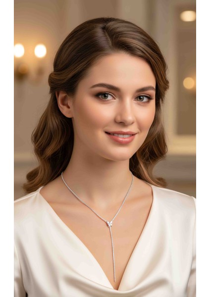 Zirkon Taşlı Kelebek Figürlü Çelik Uzun Y Kolye - Kararmaz Paslanmaz Suya Dayanıklı Zincir