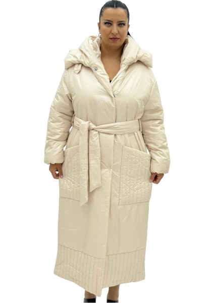 Büyük Beden Kemerli Kapüşonlu Kapitone Çıt Çıt Kapama Oversize Kadın Kaban fiyatları