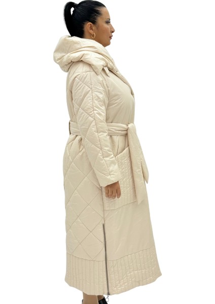 Büyük Beden Kemerli Kapüşonlu Kapitone Çıt Çıt Kapama Oversize Kadın Kaban modelleri