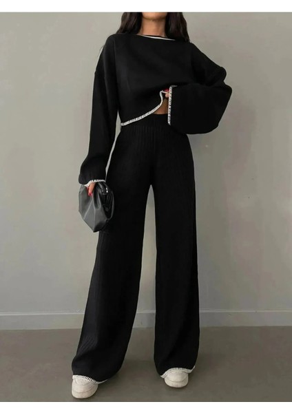 Kadın Triko Takım – Fitilli Crop Üst – Geniş Paça Pantolon – Günlük Şıklık fiyatları