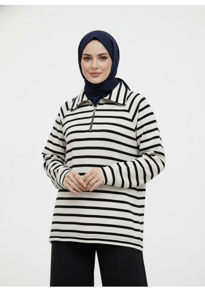 Metal Fermuarlı Oversize Tunik-Ekru