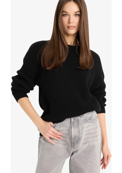 Regular Fit Bisiklet Yaka Selanik Kumaş Basic Düz Triko Kazak