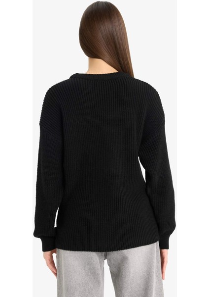 Regular Fit Bisiklet Yaka Selanik Kumaş Basic Düz Triko Kazak