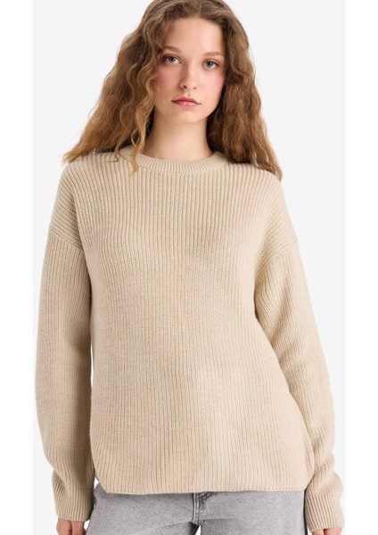 Regular Fit Bisiklet Yaka Selanik Kumaş Basic Düz Triko Kazak