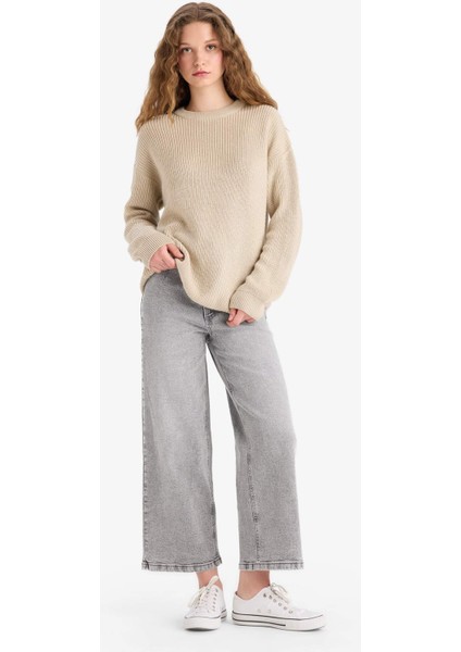 Regular Fit Bisiklet Yaka Selanik Kumaş Basic Düz Triko Kazak