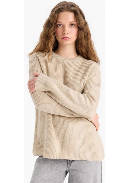 Regular Fit Bisiklet Yaka Selanik Kumaş Basic Düz Triko Kazak