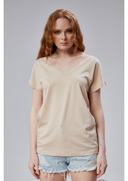 Kadın V Yaka Kısa Kol Düz Basic Tişört