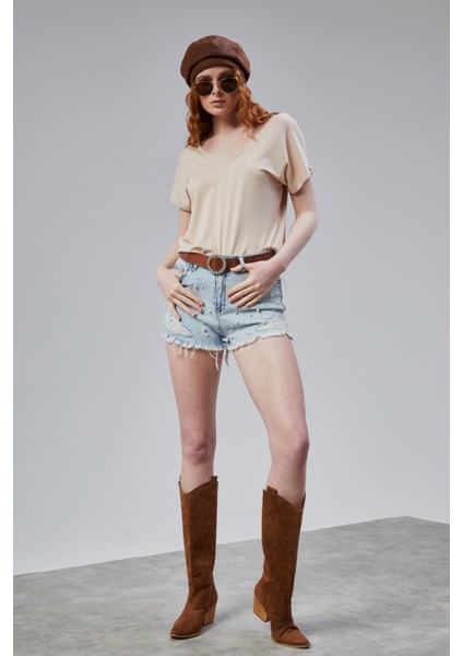 Kadın V Yaka Kısa Kol Düz Basic Tişört modelleri