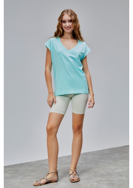 Kadın V Yaka Kısa Kol Düz Basic Tişört