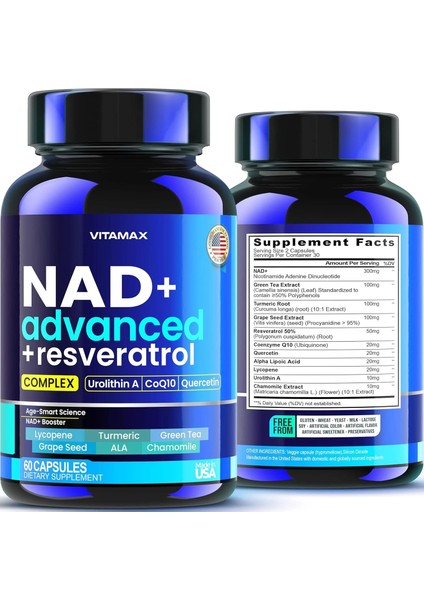 Nad+ Advanced + Resveratrol Complex Urolithin A, COQ10, Quercetin 60 Kapsül