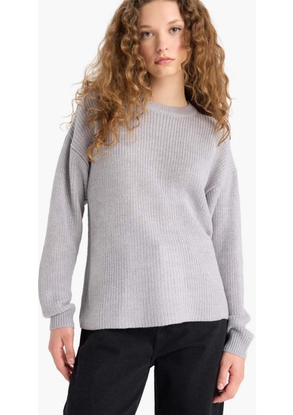 Regular Fit Bisiklet Yaka Selanik Kumaş Basic Düz Triko Kazak