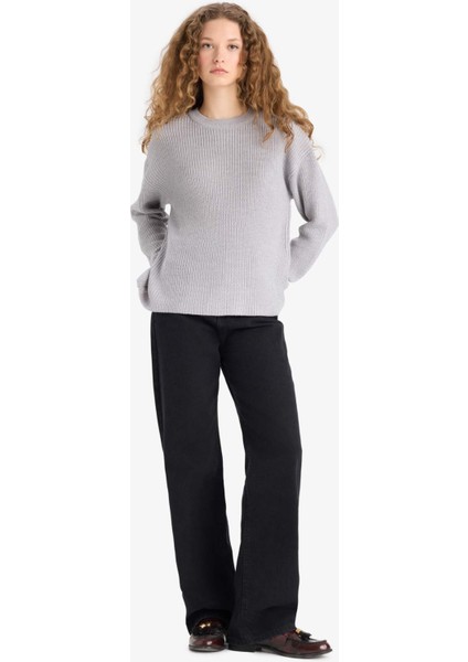 Regular Fit Bisiklet Yaka Selanik Kumaş Basic Düz Triko Kazak