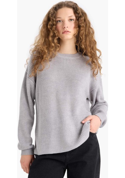 Regular Fit Bisiklet Yaka Selanik Kumaş Basic Düz Triko Kazak