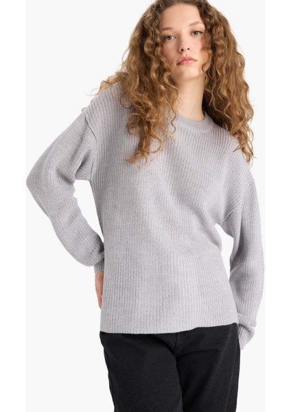 Regular Fit Bisiklet Yaka Selanik Kumaş Basic Düz Triko Kazak