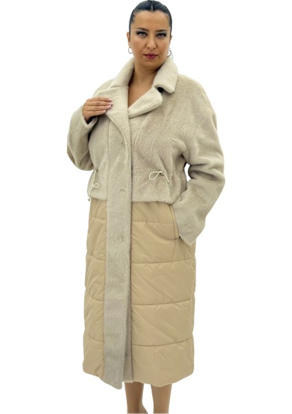 Büyük Beden Kürklü Düğmeli Şişme Uzun Oversize Kadın Kaban