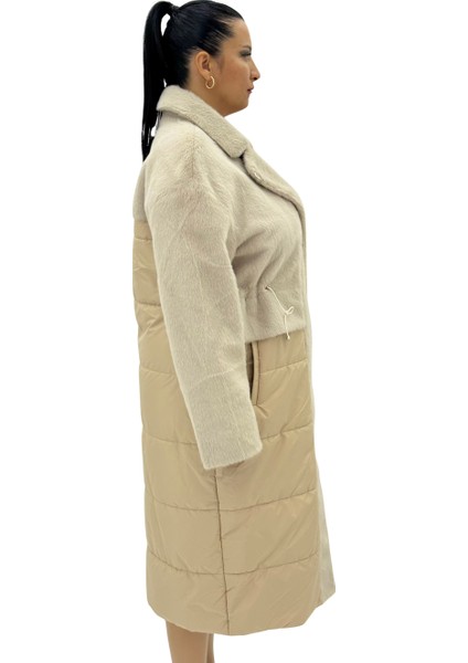 Büyük Beden Kürklü Düğmeli Şişme Uzun Oversize Kadın Kaban modelleri