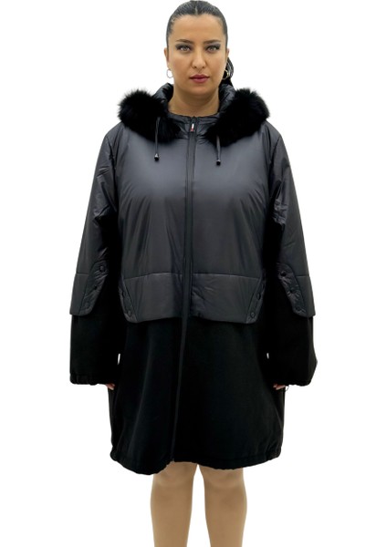 Büyük Beden Kapüşonlu Kürk Detaylı Yünlü Uzun Kol Oversize Kadın Kaban