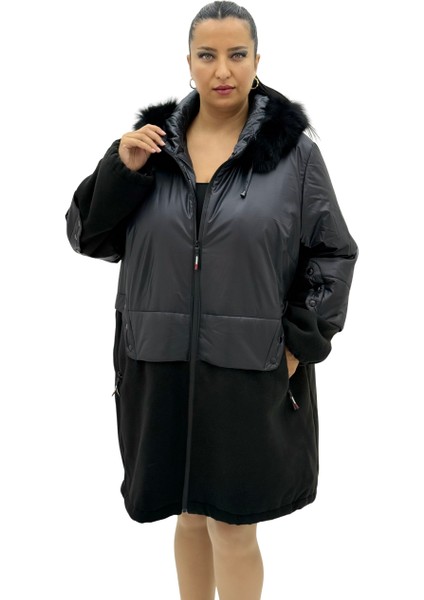 Büyük Beden Kapüşonlu Kürk Detaylı Yünlü Uzun Kol Oversize Kadın Kaban fiyatları