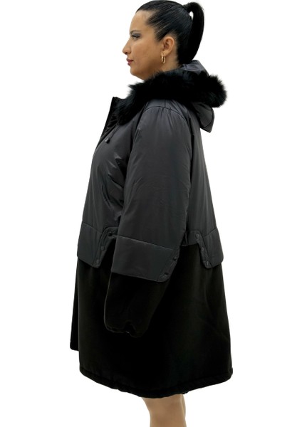 Büyük Beden Kapüşonlu Kürk Detaylı Yünlü Uzun Kol Oversize Kadın Kaban modelleri
