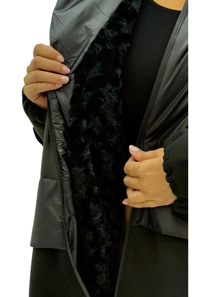 Büyük Beden Kapüşonlu Kürk Detaylı Yünlü Uzun Kol Oversize Kadın Kaban indirimleri