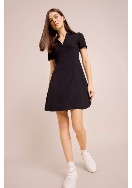 Polo Yaka Fitilli Kaşkorse Kısa Kollu Mini Elbise E5327AX25SP