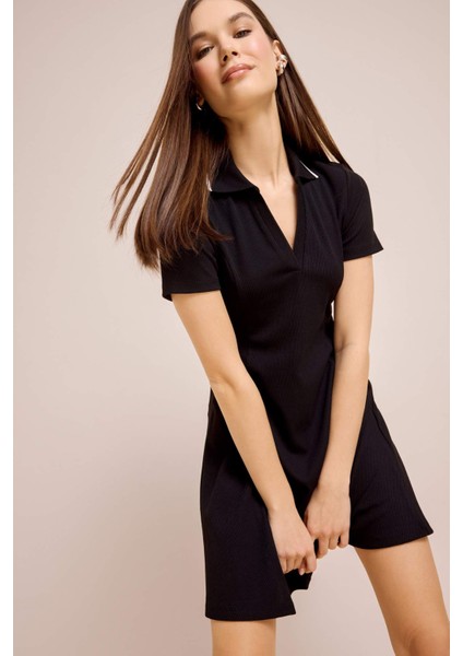 Polo Yaka Fitilli Kaşkorse Kısa Kollu Mini Elbise E5327AX25SP