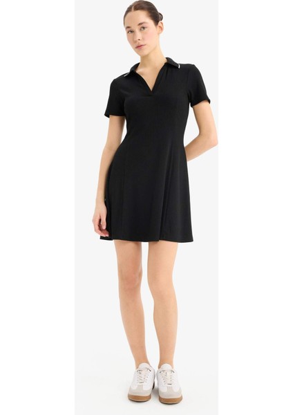 Polo Yaka Fitilli Kaşkorse Kısa Kollu Mini Elbise E5327AX25SP