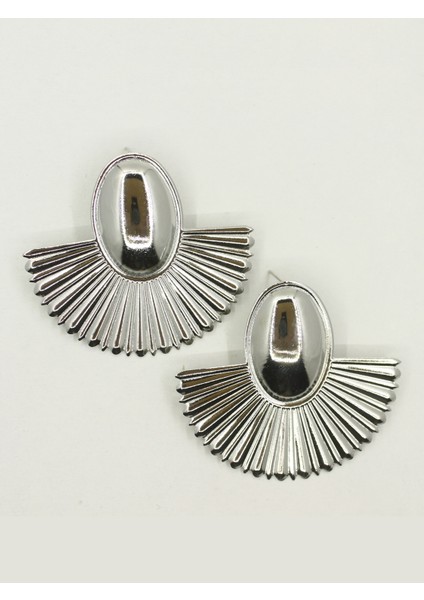 Art Deco Esintili Parlak Gümüş Renkli Yelpaze Küpe