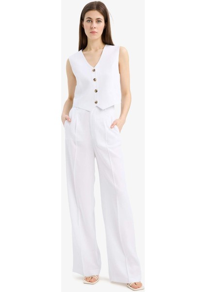 Wide Leg Keten Karışımlı Palazzo Pantolon Yüksek Bel Geniş Bol Paça Pensli Cepli A1922AX25SM