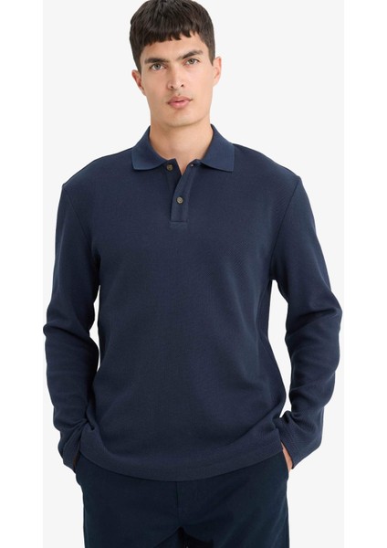 %100 Pamuk Regular Fit Polo Yaka Düğmeli Dokulu Sweatshirt E9627AX25AU