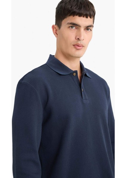 %100 Pamuk Regular Fit Polo Yaka Düğmeli Dokulu Sweatshirt E9627AX25AU