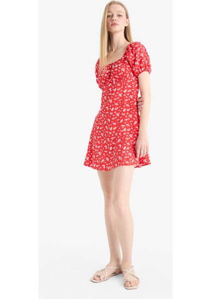 Kare Yaka Çiçek Desenli Viskon Kısa Kollu Mini Elbise E0873AX25SP