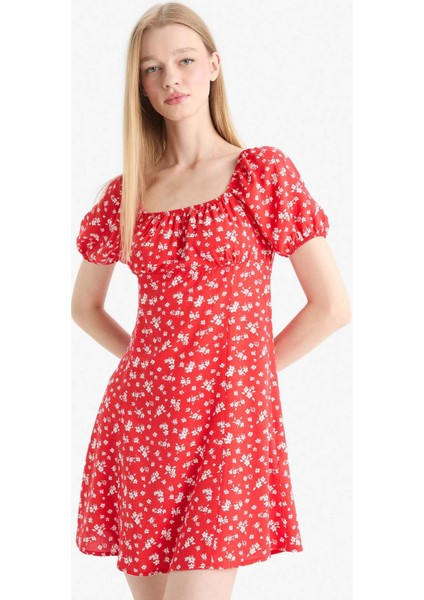 Kare Yaka Çiçek Desenli Viskon Kısa Kollu Mini Elbise E0873AX25SP