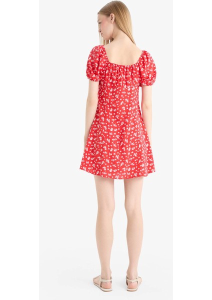 Kare Yaka Çiçek Desenli Viskon Kısa Kollu Mini Elbise E0873AX25SP