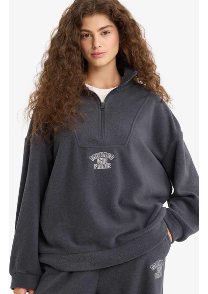 Oversize Geniş Kalıp Dik Yaka Fermuarlı Baskılı Polar Sweatshirt Y2649AZ25WN