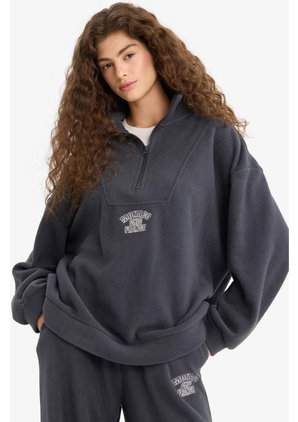 Oversize Geniş Kalıp Dik Yaka Fermuarlı Baskılı Polar Sweatshirt Y2649AZ25WN