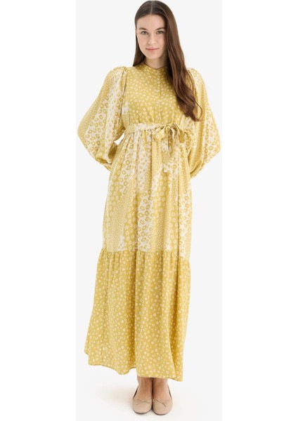 Hakim Yaka Desenli Kuşaklı Uzun Kollu Maxi Tesettür Elbise D4375AX25SM