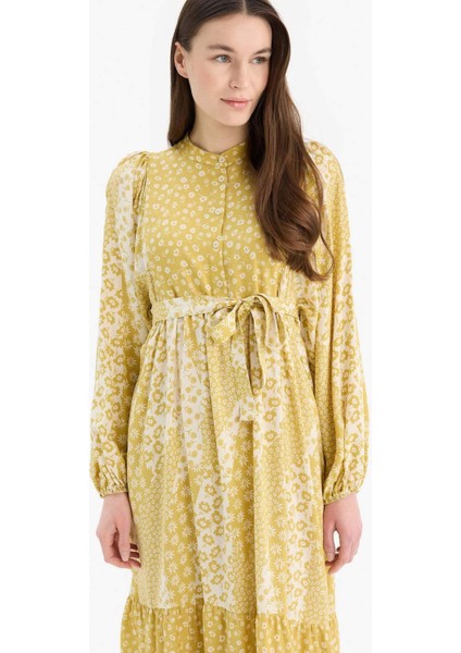 Hakim Yaka Desenli Kuşaklı Uzun Kollu Maxi Tesettür Elbise D4375AX25SM