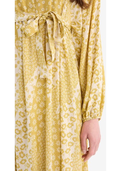 Hakim Yaka Desenli Kuşaklı Uzun Kollu Maxi Tesettür Elbise D4375AX25SM